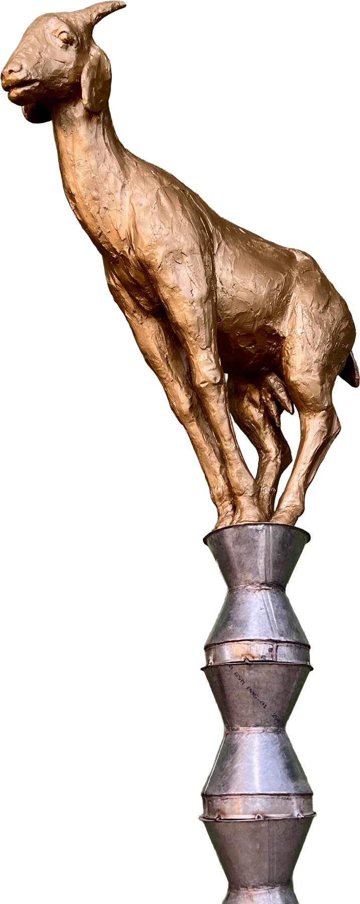 A goat sculpture balances on a column of inverted vessels.
