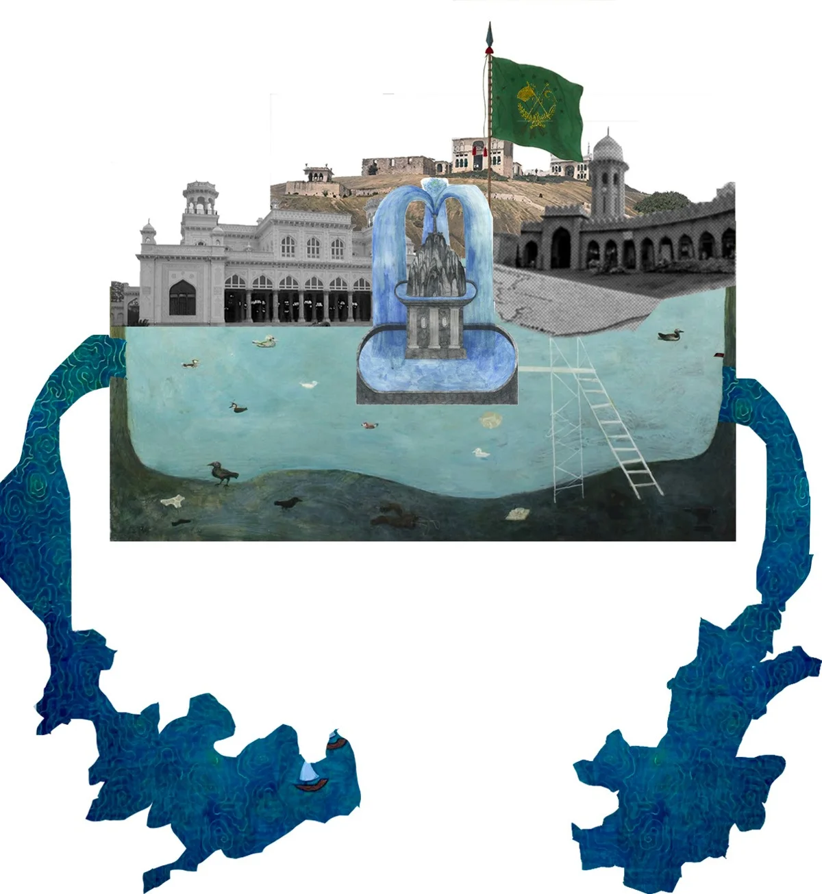 Mir Alam Tank: historical collages and blue narrative panels